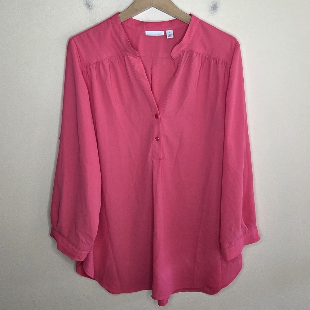 Halogen | Bright Pink V-neck Roll Tab Long Sleeve Blouse Size Large
